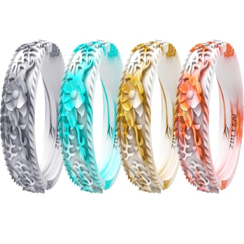 Image of Silicone Wedding Rings for Women 1 /4 /7 Packs -Stackable Silicone Rubber Wedding Bands - Innovative Flower & Vine Collection