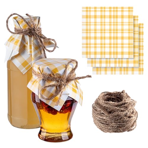 KADAX Centrini decorativi per barattoli di marmellata, centrini decorativi con cordoncino di iuta per barattoli di marmellata, centrini di carta (motivo a quadri gialli, 50 pezzi)