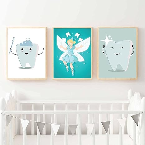 Amazon 歯の妖精キャンバス絵画 面白いかわいい歯科壁アートポスター印刷現代漫画スタイル歯科医保育園オフィス壁装飾画像 40x60cm X3 フレームレス ウォールステッカー オンライン通販
