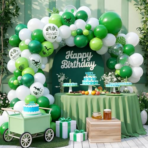 Image of Dinosaur Balloons, 50 Pcs Green White for Boys Dinosaur Birthday Party | 12 Inch Fruit Green White Dino Leaf Print Latex Balloons for Woodland Safari Jungle Dinosaur Baby Shower Party Decorations