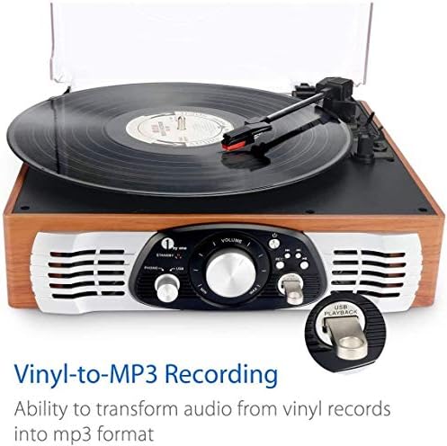 1 BY ONE Belt-Drive 3-Speed Stereo Turntable with Built in Speakers, Supports Vinyl to MP3 Recording, USB MP3 Playback, and RCA Output, Natural Wood