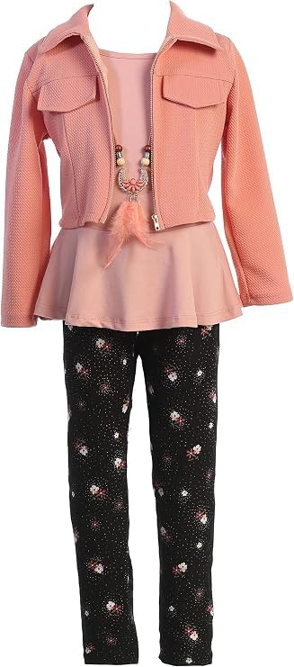 Image of iGirlDress Girls 4 Pieces Pant Set Long Sleeve Jacket Necklace Floral Plaid Pant 4-16