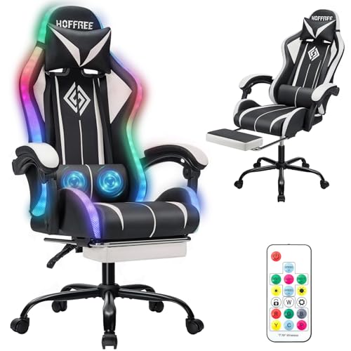 Image of HOFFREE Gaming Chair Massage with LED RGB Lights and Footrest Ergonomic Computer Chair High Back Video Game Chair with Adjustable Lumbar Support Linkage Armrest White and Black