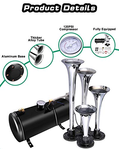 Carfka Air Horn for Truck Boats Car, 150DB Super Loud Train Horns Kit with 120 PSI Air Compressor, 4 Trumpets Horn, Silver, Vans,Tractors,Trains,Camper, RV’s, Off Road Vehicles