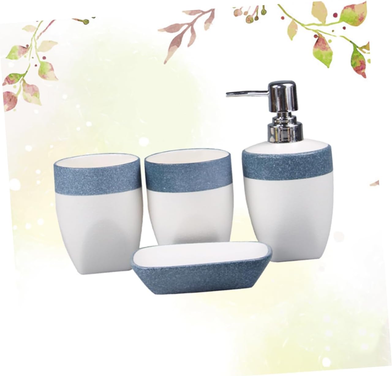 Garneck Ceramic Bathroom Set 4-Piece Accessory Set Tooth Mug Emulsion Bottle Soap Dish and Blue Color for Home Use and Creative Bathroom Decor