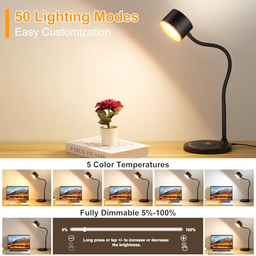 Wireless Charging LED Desk Lamp for Home Office Dorm, Touch Control, 5 Colors & Dimmable