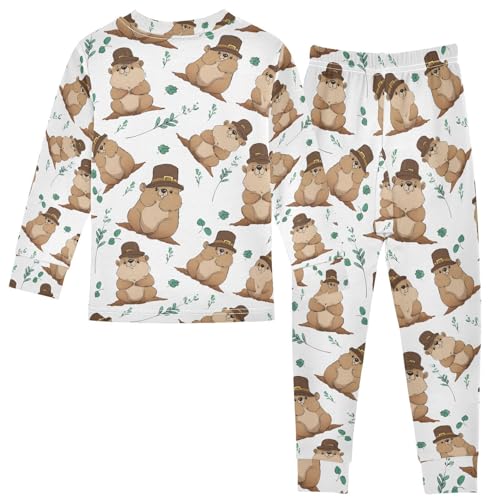 ALAZA Groundhog Animal Green Leaf Pajamas Long Sleeve Sleepwear 2-Piece Pajama Set2