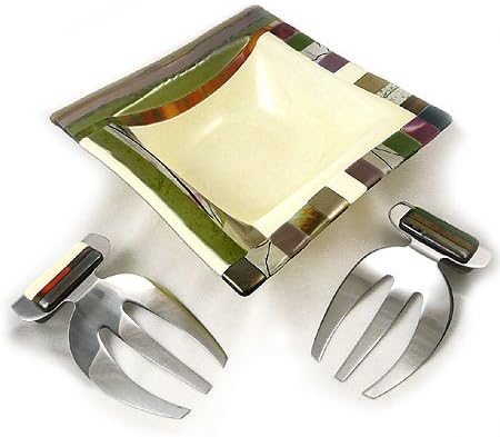 Earth-Tone Fused Glass Salad Serving Bowl with Stainless-Steel Salad Servers