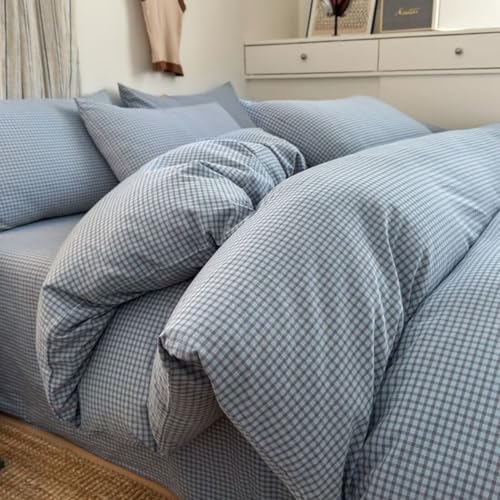 Image of PinkMemory Blue Gingham Duvet Cover Bedding Set King 100% Washed Cotton Blue Plaid Checkered Duvet Cover 3pcs Modern Grid Gingham Bedding with Zipper Closure Ultra Soft Breathable