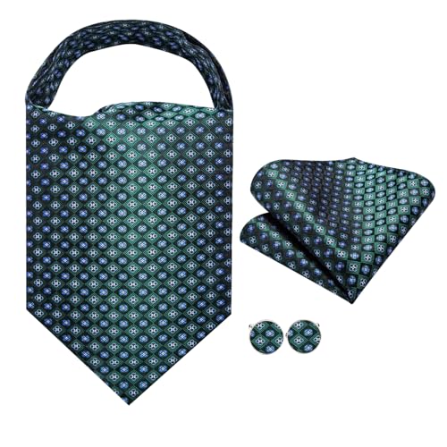 Image of Hi-Tie Silk Ascot for Men Self Tie Men's Cravat and Flower Lapel Pin Handkerchief Cufflinks Set for Wedding Party