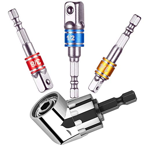 4Pcs Right Angle Drill+Impact Grade Driver Sockets Adapter Extension Set Drill Bit, 105 Degree Right Angle Screwdriver set Drill Attachmentset Drive Hex Bit, 1/4 3/8 1/2