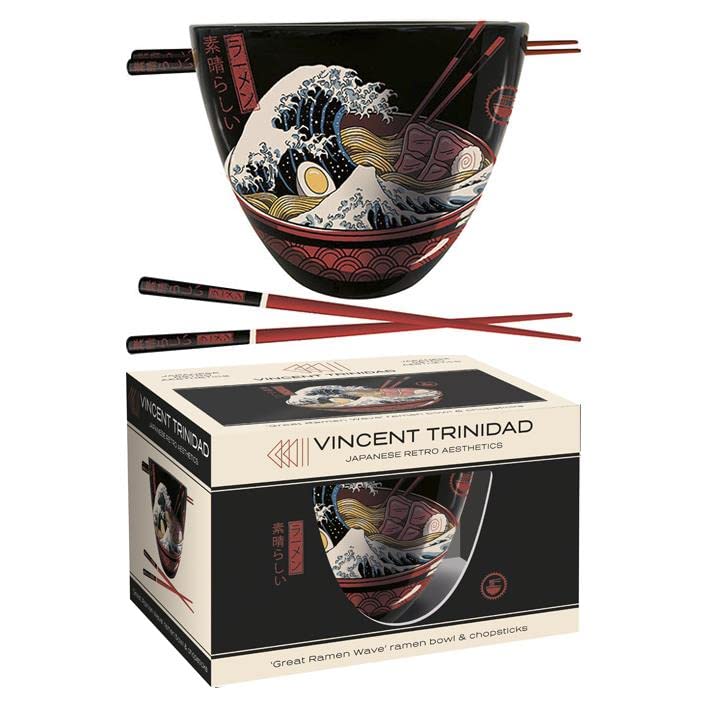 Pyramid International Vincent Trinidad Ramen Set with Bowl and Chopsticks (Great Wave Design) 18oz Ceramic Bowl, Pair of Lacquered Wooden Chopsticks - Official Merchandise