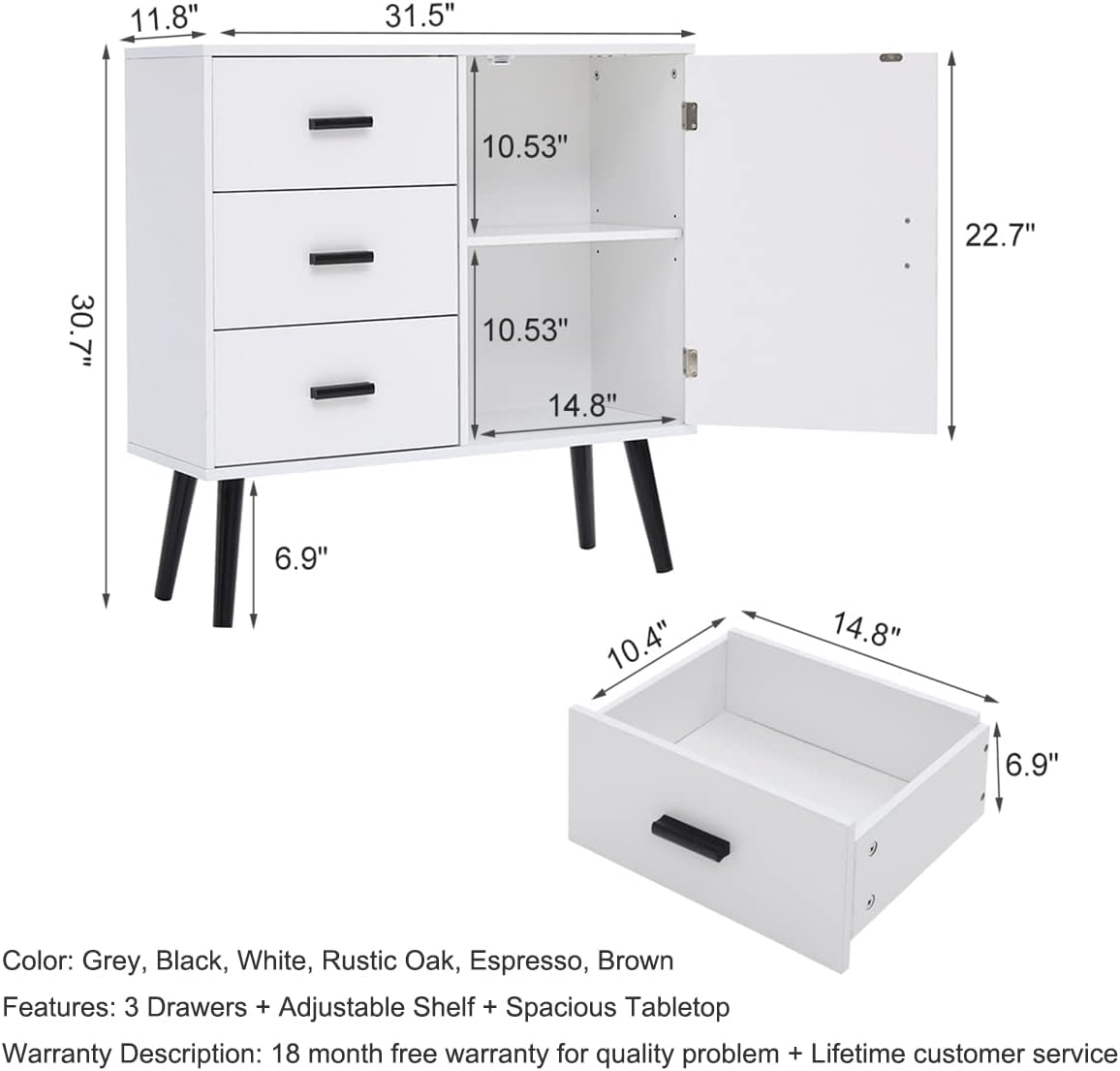 Iwell Storage Cabinet, Bathroom Storage Cabinet with Door and Adjustable Shelf, 3 Drawers Dresser for Bedroom, Kitchen Storage Cabinet, Accent Cabinet for Living Room, Entryway, White