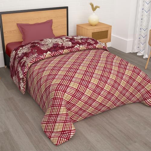 Image of Comforter Single Bed | 240GSM Microfiber Blanket Single Bed | 150x 225cm | Ac Comforter | Magenta & Beige Blanket | Floral Pattern