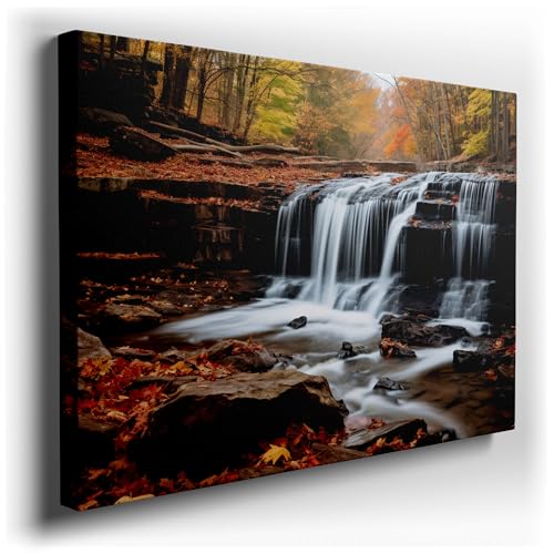 Canvas Wall Art: Autumn's Tranquil Waterfall Amidst Fiery Foliage. Large