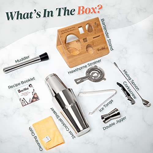 Mixology Bartender Kit Boston Shaker Set By Barillio: Drink Mixer Set With Bar Tools, Bamboo Stand Cocktail Shaker Mojito Muddler Mixing Spoon Jigger Recipes Booklet #TOP1