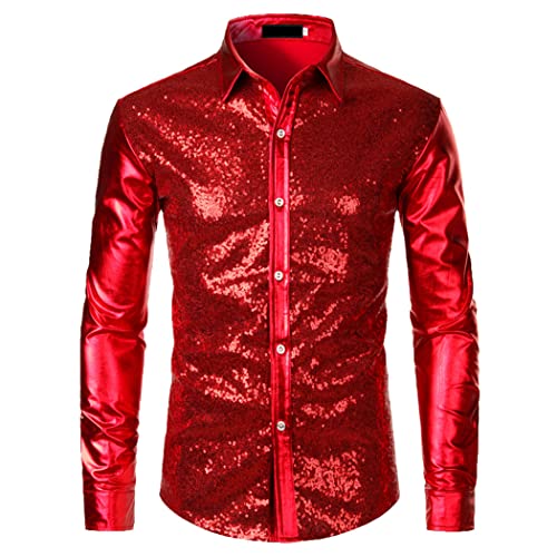 Chemise rouge à paillettes homme brillante et fluide en taille L