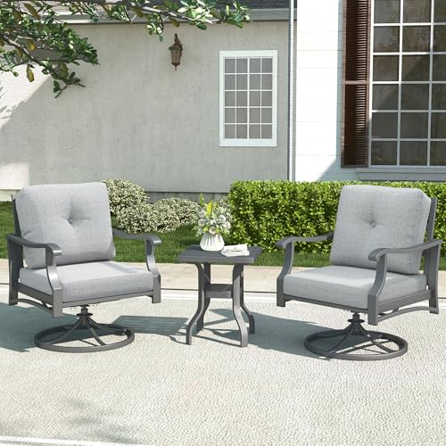 Mvpipi Outdoor Swivel Rocking Chairs, 3 Piece Metal Patio Rocker Chair w-Coffee Table, Aluminum Patio Bistro Furniture Set with 5 Thickened Cushions for Porch, Yard, Balcony, Gray