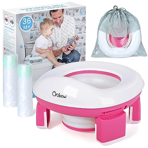 Image of Orzbow Portable Potty Training Toilet, Travel Potty Seat for Toddler Boys Girls with Splash Guard, Potty Training Essentials, Foldable, Includes Free Travel Bag and 40 Liners, Indoor/Outdoor Use, Pink
