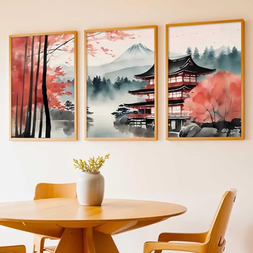 Image of kotart Big Aesthetic Mount Fuji View Wall Art Paintings | Mountain Landscape Framed Painting | Nature Art Vastu Frames for Living Room Bedroom Wall Decor Set Of 3 (10X13 inch)