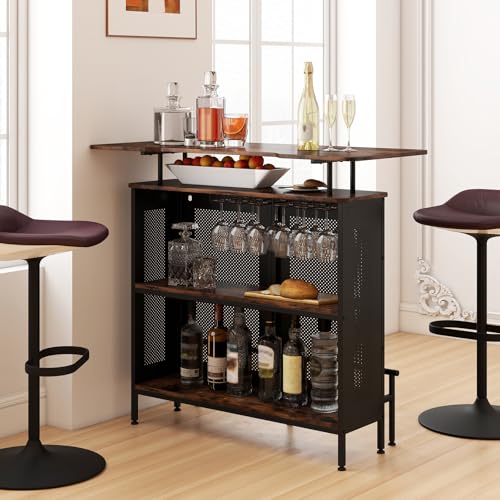 GOPLUS Table de Bar en Cadre Métallique, Meuble de Cuisine avec Étagère Ouverte & 6 Supports...