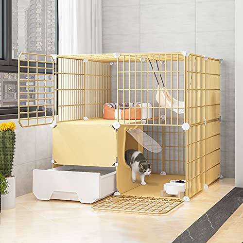 猫用ケージ 室内用 大型 トイレ付き ワイヤーキャットケージ 折りたたみ式キャットケージ ポータブルモルモットケージ 樹脂製フットパッド付き - ブラック/イエロー - 10サイズ(Yellow-a-75-75-73cm)