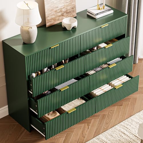 Image of MAISONARIA Green Dresser for Bedroom, 8 Drawer Double Dresser, Modern Chest of Drawers for Bedroom, Living Room, Entryway and Closet, 55 inch L x 15.7 inch D x 37.4 inch H