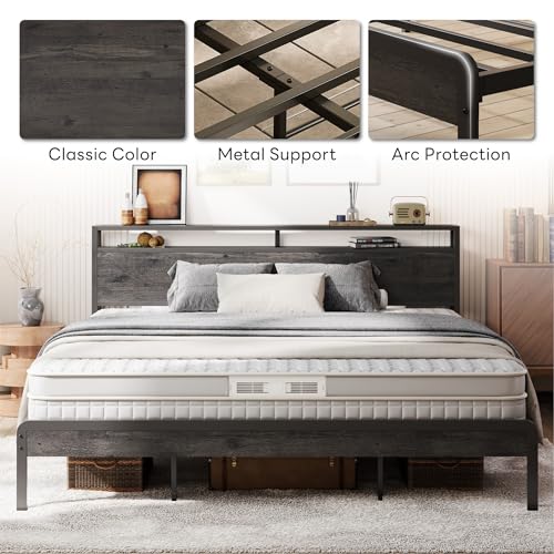 Image of LIKIMIO King Bed Frame with Headboard, Dark Wood Camas King with Strong Supports, Sturdy, Noise-Free, No Box Spring Needed, Grey
