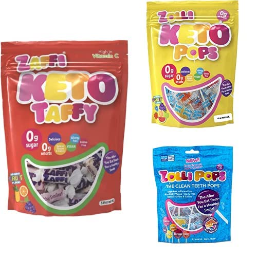 Zollipops Clean Teeth - Paquete de almuerzo Keto de caramelo  5 onzas Keto Taffy, 4 onzas Keto Pops, paletas de frutas surtidas de 3.1 onzas