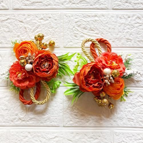 Image of ADIKALA Handmade Artificial Big Peonies 3 Flower Bunch for Trousseau Packing, Ready to use Flower Brooch Hamper for Decoration, Gift Wrapping Flowers (6, Orange)