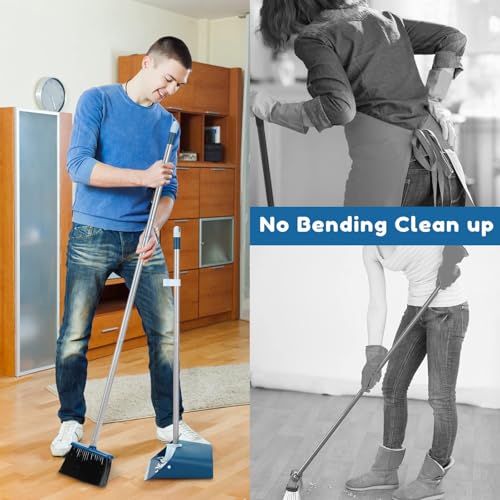 Image of TreeLen Standing Dustpan and Broom Set with 52 Inch Long Extendable Handle for Cleaning Home, Interiors, Kitchens, Office Lobby Floors, Blue