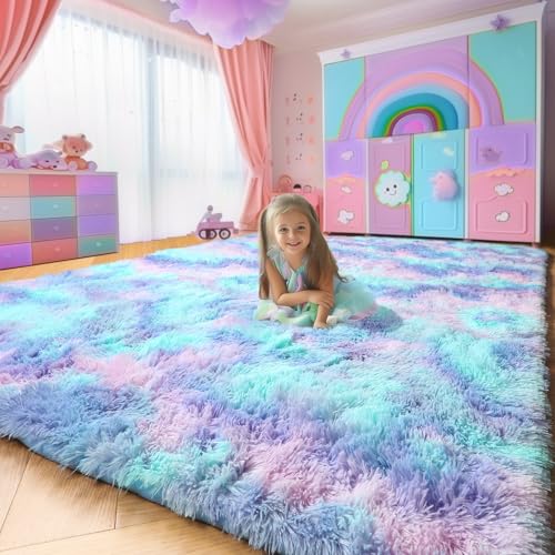 Amdrebio Blue Purple Rainbow Mermaid Rugs for Bedroom Girls Room Decor Aesthetic, 5x8 Fluffy Kawaii Area Rugs for Kids Room Nursery Dorm, Stitch Frozen Fuzzy Carpet, Cute Plush Furry Baby Toddler Rug