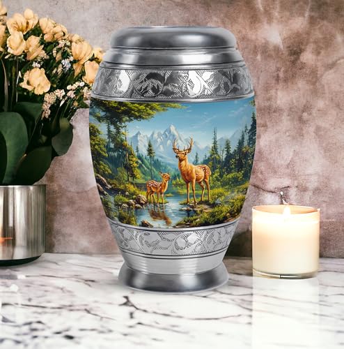 Image of Deer Urn - Small Cremation Urn for Ashes for Women & Men - Keepsake Funeral Urns for Male Dad - Combo of 10 Inch & 3 Inch