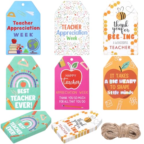 NEWEST 60 Pieces Teacher Appreciation Gift Tags, Kraft Paper Teachers Thank You Gift Tags with String Teachers Day Hanging Present Labels for Teacher Appreciation Week Back to School Party Favor (A)