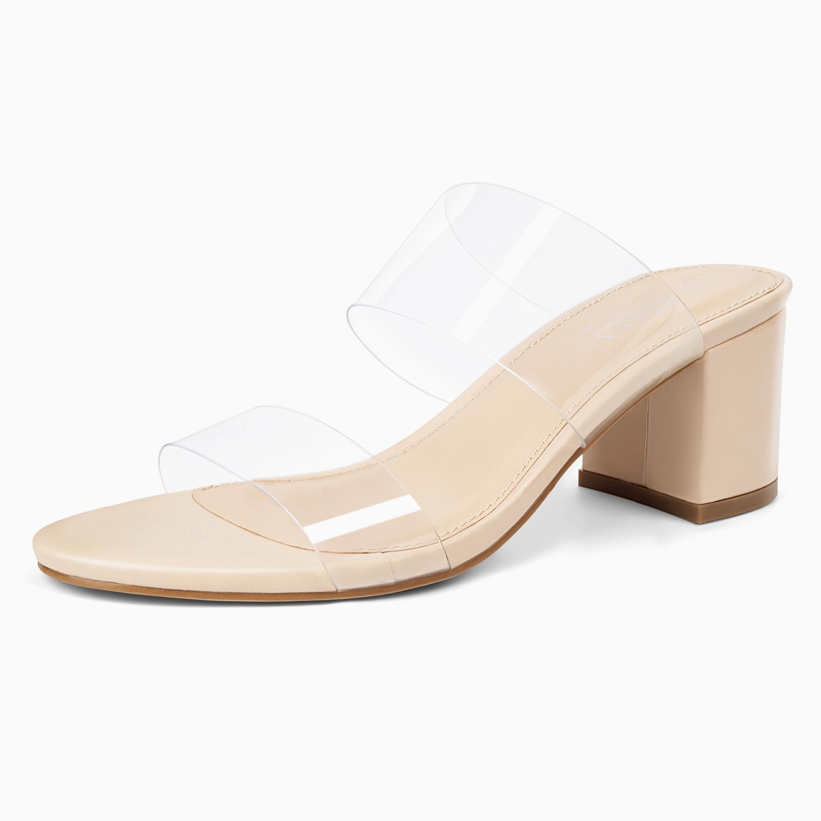MUSSHOE Clear Sandals Heels for Women: Two Transparent Strap Slip-on Mule Chunky Block Summer Sandals - Wedding Party Dressy Shoes