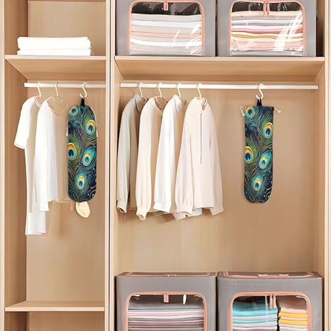 xigua Peacock Feathers Plastic Bag Holder Wall Mount with Drawstring 2 Pack, Reusable Grocery Bag Organizer Decor for Bags, Socks, Underwear, And Neckties