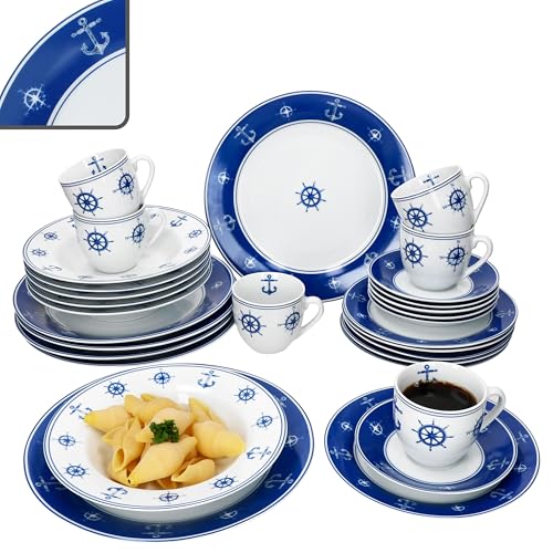 MamboCat Ahoi 30tlg Kombiservice I blau weißes Porzellan Geschirrset mit nautischem Dekor für 6...