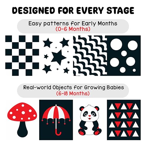 Image of High Contrast Flash Card Busy Book for Babies & Infants (2 Busy Books, Black & White + Red) | 16 Objects & Patterns | Tummy Time Toy for 0, 3, 6, 9, 12, 18 Months | Fun Learning for Newborn