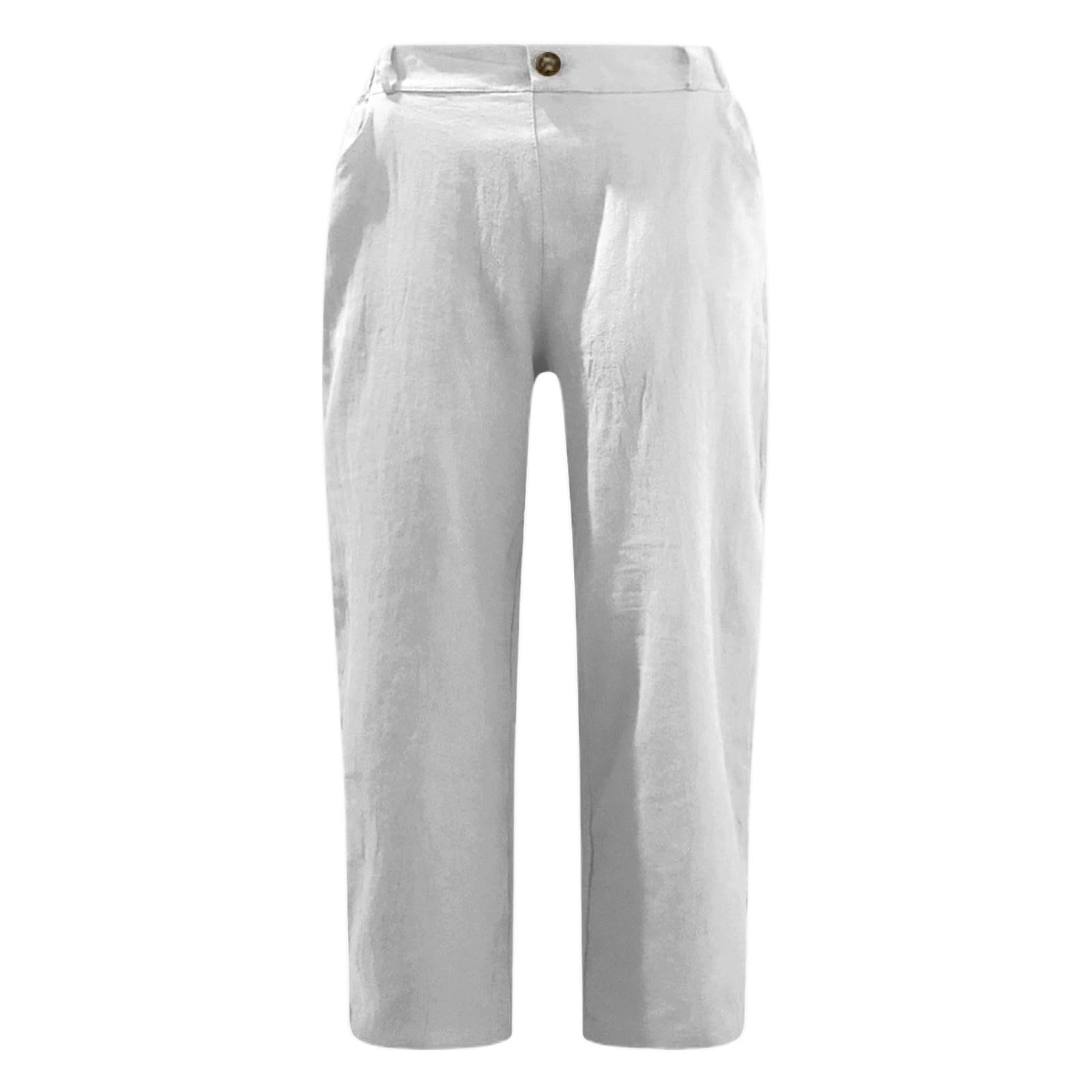 Women's Casual Cropped Pants with Button Detail Comfortable Everyday Wear Summer Lightweight Breathable (White, XXL)