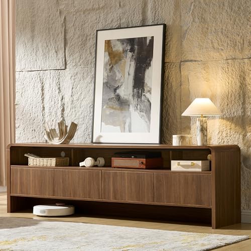 Jocisland 70" Modern TV Stand for TVs Up to 80", Wood TV Console with Curved Profile Design & 2 Storage Cabinets, Media Console Entertainment Center for Living Room, Brown