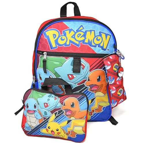 Conjunto de mochila Pokémon preto, 5 peças, 40,6 cm, chaveiro, bolsa com zíper