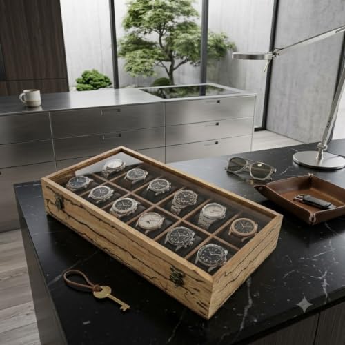 Image of Wooden Watch Box Organizer for Men - 12 Slot Watch Display Case with Glass Lid, Rustic Live Edge Wood Storage Box, Locking Clasp, Includes Key - Holds Watches, Bracelets & Jewelry