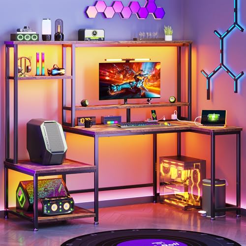 Image of DurayLoly Computer Desk with Hutch,Power Outlets and RGB Light to Protect Eyes,Teen Desk with Shelves for Bookshelf,Reversible Workstation with Printer Space and Monitor Stand for Small Room,Brown