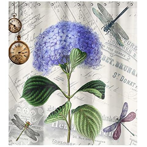 Hydrangea Flowers Shower Curtain Pocket Watch Dragonfly Retro Fabric Shower Curtain Sets Bathroom Decor with Hooks Waterproof Washable 72 x 72 inches Cover