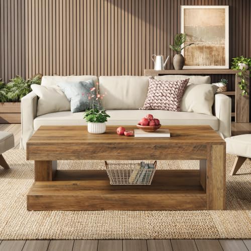 Image of Tribesigns Coffee Table for Living Room, 47.24 Inch Farmhouse 2-Tier Accent Center Tea Cocktail Table with Storage, Brown, Rectangle