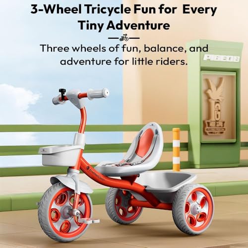 Image of StarAndDaisy Kids Cycle for 2-5 Years Boy & Girl /Tricycle with EVA Wheels, Bell & Basket /Baby Trike Cycle 30 Kg Capacity, 3-Point Safety Belt (Orange)
