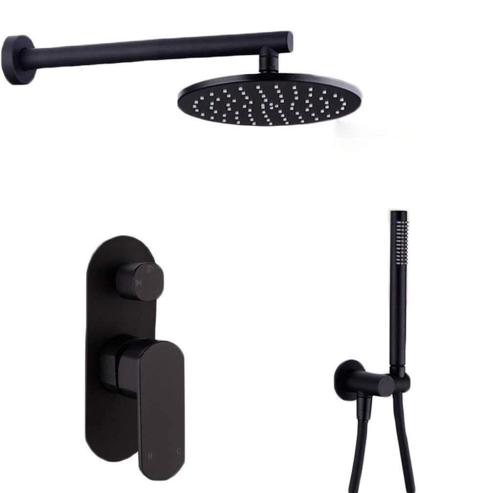 Doccia classica, set doccia a parete in ottone nero con soffione a pioggia rotondo da 8-12 pollici, rubinetto doccia, braccio miscelatore, deviatore e doccia a mano, set doccia di lusso (12 pollici)