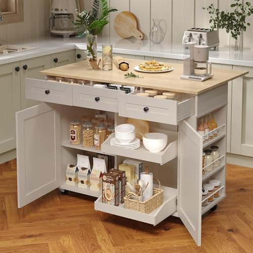 GarveeHome Rolling Kitchen Island with Drop Leaf Countertop, Charging Station & Ample Storage - 47.2 in Mobile Kitchen Cart On Wheels with Pull-Out Shelves, Drawers, Spice Rack & Organizer Divider