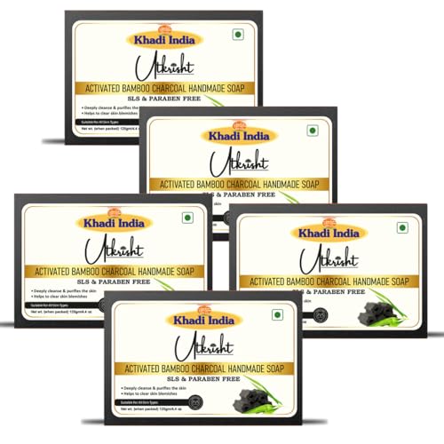 Image of Khadi Charcoal Handmade Bathing Soap Bar 125g (Pack of 5) | Natural & Herbal | Deep Cleansing for Glowing & Brightening Skin | For Wrinkles & Fine lines | All Skin Types | For Men & Women