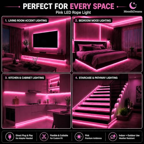 Image of MoonlitDreams 20M LED Rope Light | 120 LEDs /M Waterproof Strip Light | Pink Flexible Cove Light for False Ceiling, Balcony, Bedroom, Garden & Indoor Outdoor Decoration | Plug & Play Decorative Light